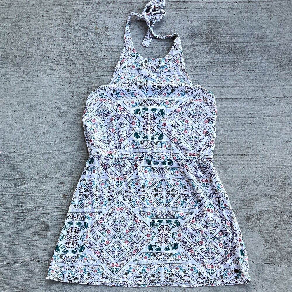 Roxy Womens Medium Woven Halter Dress White Geometric Boho Festival Cottage